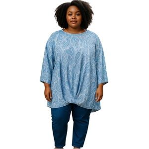 Catherines Top Womens‎ Size 3X Blue Paisley Wrap Bell Sleeve  Plus Flowy Relaxed